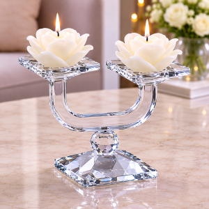 Sfesnic dublu din cristal cu lumanari decorative in forma de floare
