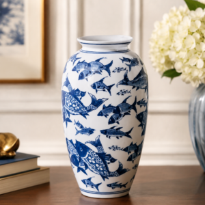 Vazǎ decorativă din ceramică alb-albastru cu motiv marin