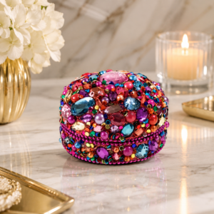 Cutie decorativă rotundă cu pietre multicolore