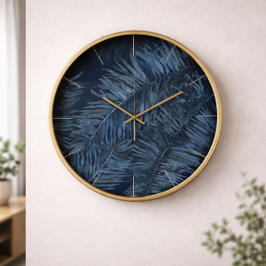 Ceas de perete decorativ, Iliadis Alexandros, design frunze, aurit, albastru profund