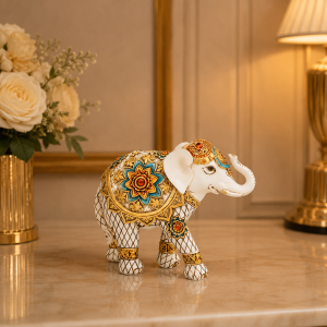 Elefant decorativ ,figurină ornamentală cu accente aurii și motive orientale