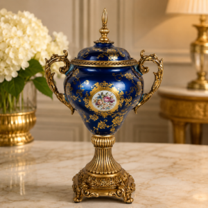 Amforă decorativă cu capac vas ornamental albastru regal cu accente aurii
