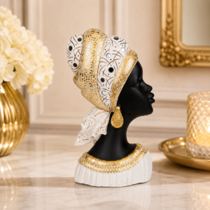 Bust decorativ „African Elegance” – statuetă artistică alb-negru cu accente aurii