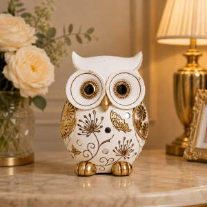 Figurină decorativă , bufniță ornamentală alb-aurie