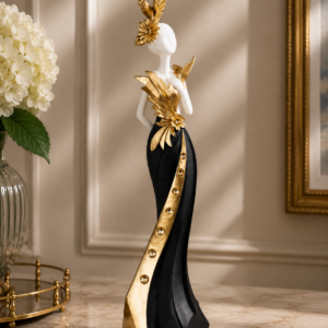Statuetă decorativă figurină artistică feminină alb-negru cu accente aurii