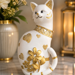 Figurină decorativă „Pisică Elegant Gold” – ornament alb cu accente aurii