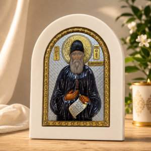 Icoană Religioasă Sfântul Paisie Aghioritul, Decor Aurit și Argintiu, Ramă Albă, Model Bizantin