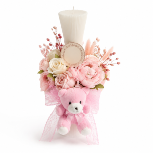 Lumânare Botez Fetiță Personalizată, cu Ursuleț, Flori și Fundă Roz, Sticker Personalizat, Design Elegant, Ivoire/Roz