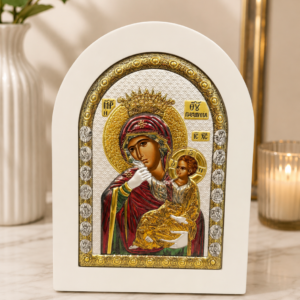 Icoană decorativă Maica Domnului cu Pruncul Iisus, ramă albă, detalii aurii
