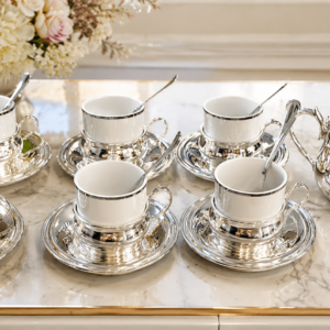 Set de ceai elegant din porțelan alb cu finisaje argintii , 6 persoane