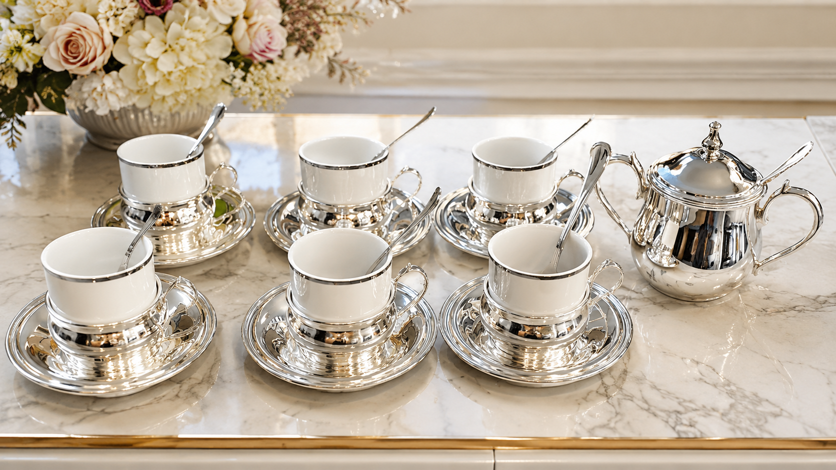 Set de ceai elegant din porțelan alb cu finisaje argintii , 6 persoane