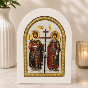 Icoană decorativă Sfinții Împărați Constantin și Elena, cu Sfânta Cruce, ramă albă, detalii aurii