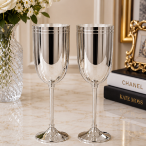 Set 2 pahare argintate pentru sampanie, model Flute, picior inalt, finisaj lucios, design elegant, pentru El si Ea
