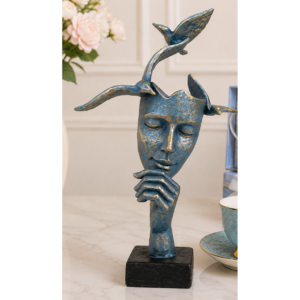 Statueta decorativa „Chip cu Pasari”, design artistic abstract, finisaj albastru cu efect bronz antichizat, suport negru