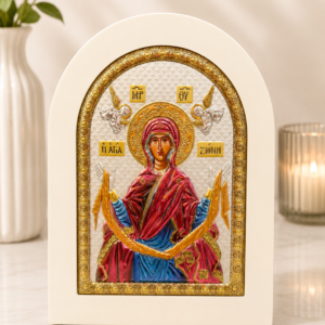 Icoană decorativă Maica Domnului – Brâul Maicii Domnului, ramă albă, detalii aurii
