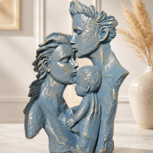 Statueta decorativa „Iubirea Familiei” – Parinti si Copil, Gri-Albastru cu Accente Aurii