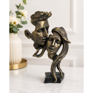 Statueta decorativa „Cuplu Indragostit”, design romantic, finisaj bronz antichizat, suport negru