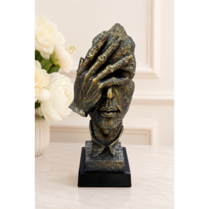 Statueta decorativa moderna bust cu mana pe fata, finisaj bronz antichizat, suport negru