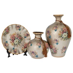 Set Decorativ 3 Piese cu Flori Vintage – 2 Vaze și Platou Decorativ, Crem cu Accente Aurii