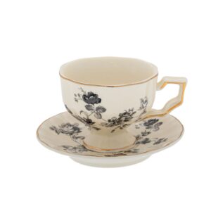Set Ceașcă cu Farfurioară, Design Floral Vintage Alb-Negru cu Accente Aurii