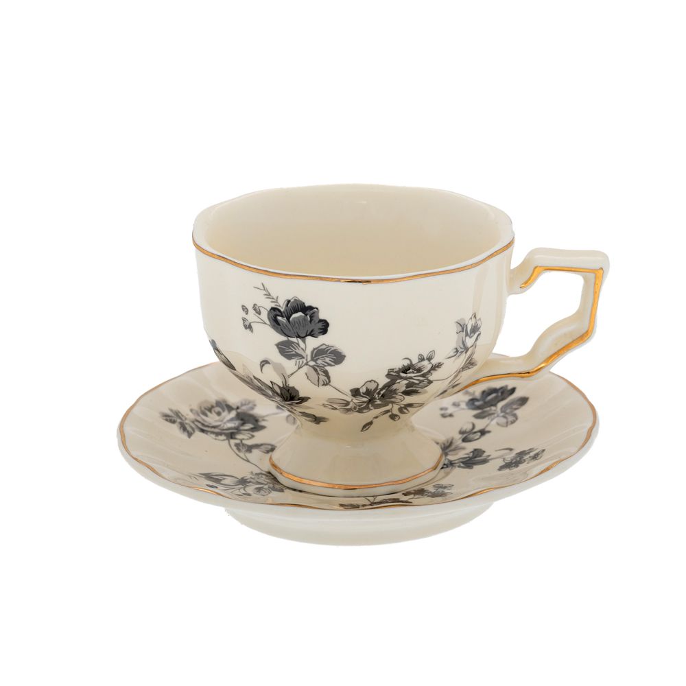 Set Ceașcă cu Farfurioară, Design Floral Vintage Alb-Negru cu Accente Aurii