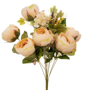 Buchet Decorativ cu Bujori Artificiali Crem și Frunziș Verde – Aranjament Floral Elegant