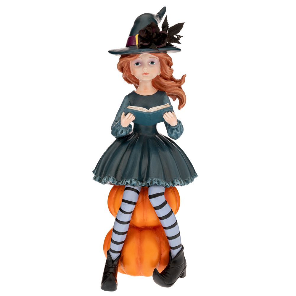 Figurină Decorativă Vrăjitoare cu Dovleci și Carte – Decorațiune Halloween