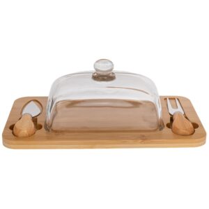 Set Servire Brânzeturi din Bambus cu Capac Transparent și 2 Ustensile 29X15X11CM
