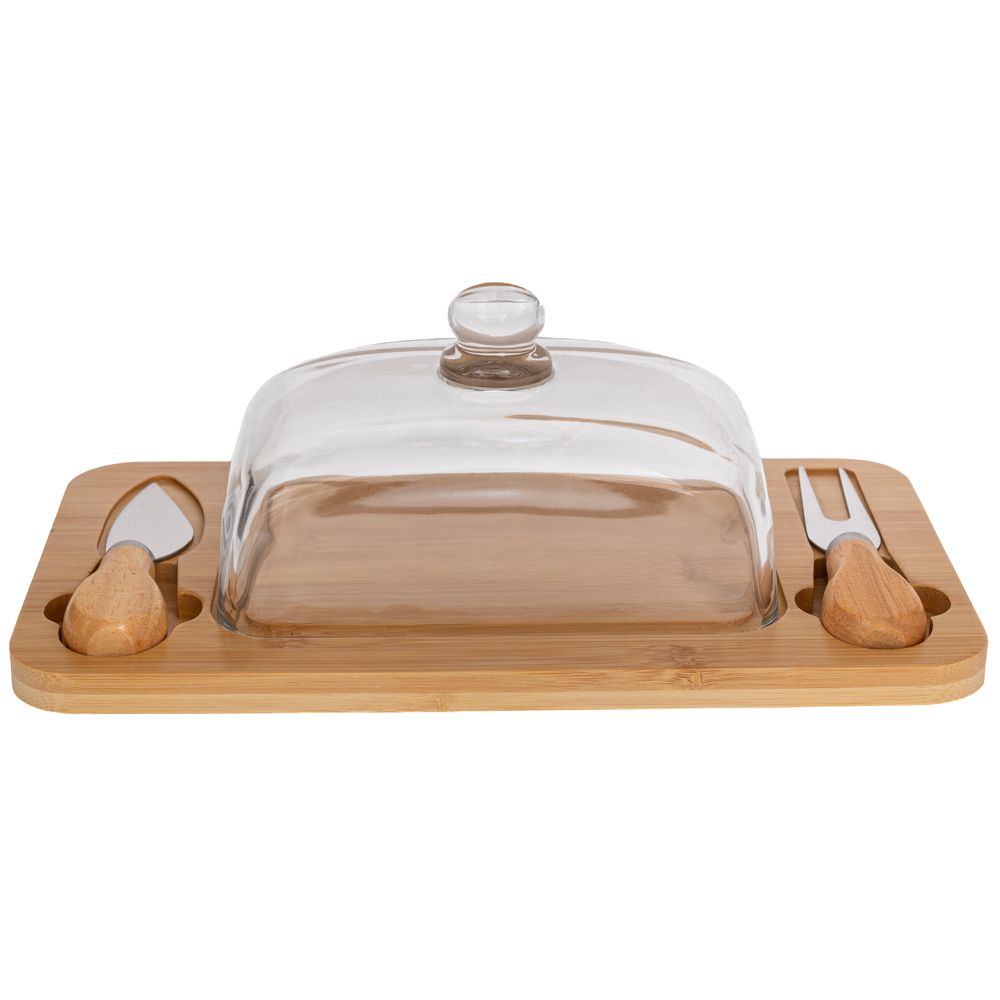 Set Servire Brânzeturi din Bambus cu Capac Transparent și 2 Ustensile 29X15X11CM