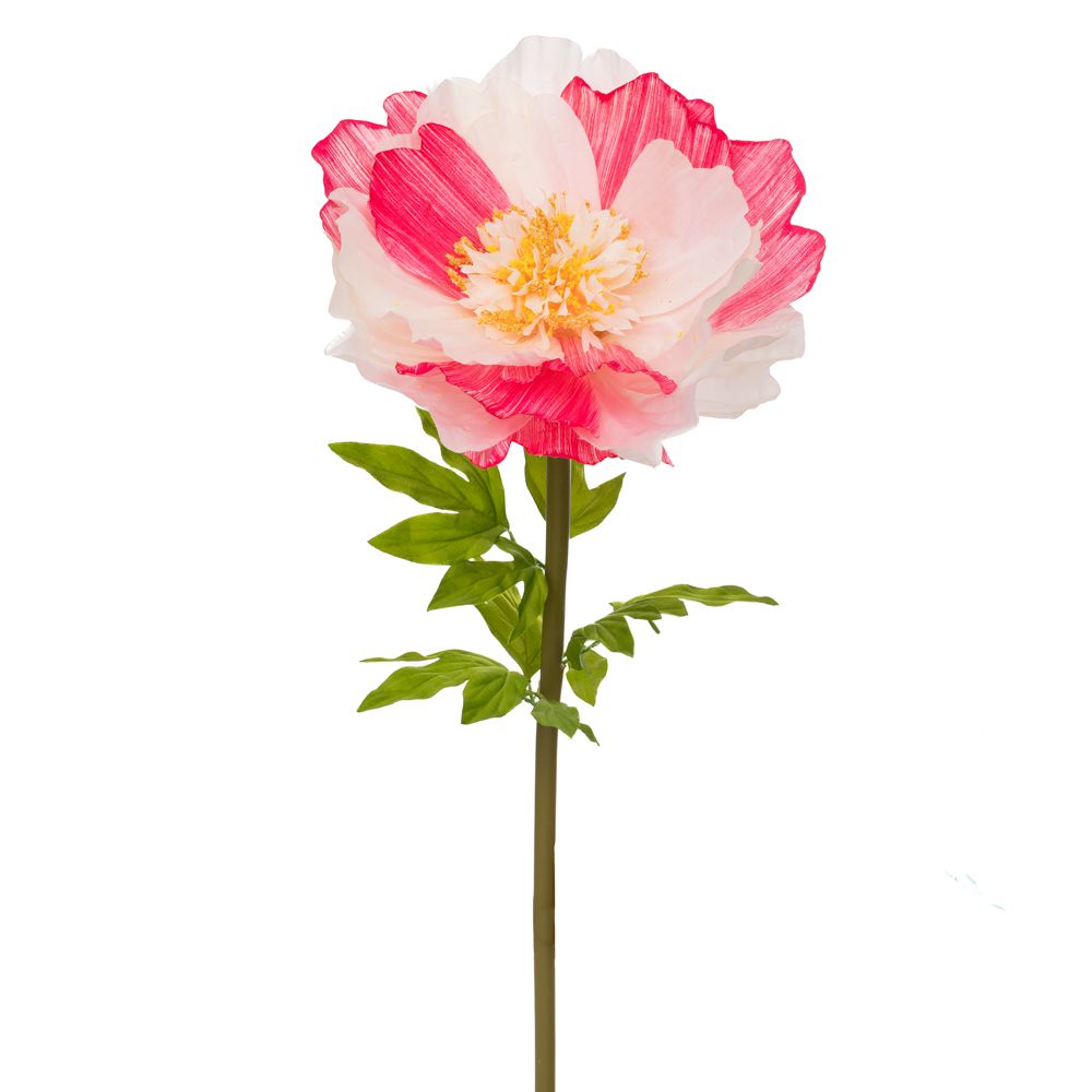 Floare Artificială Bujor Alb-Roz Fucsia cu Tulpină Lungă și Frunze Decorative