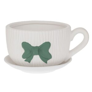 Planter Decorativ pentru Flori în Formă de Ceașcă cu Farfurioară și Fundă Verde