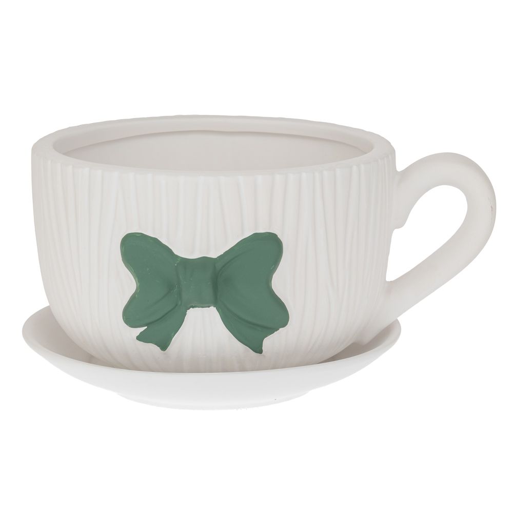 Planter Decorativ pentru Flori în Formă de Ceașcă cu Farfurioară și Fundă Verde