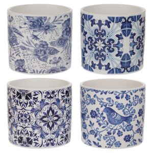 Ghiveci Decorativ Alb-Albastru cu Imprimeu Floral și Ornamental – Diverse Modele