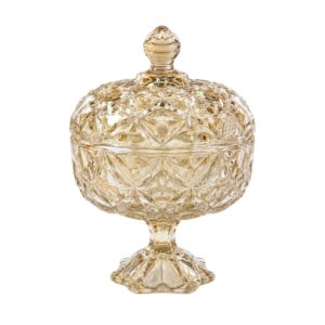 Bombonieră Decorativă cu Capac și Picior – Design Cristalin, Nuanță Șampanie