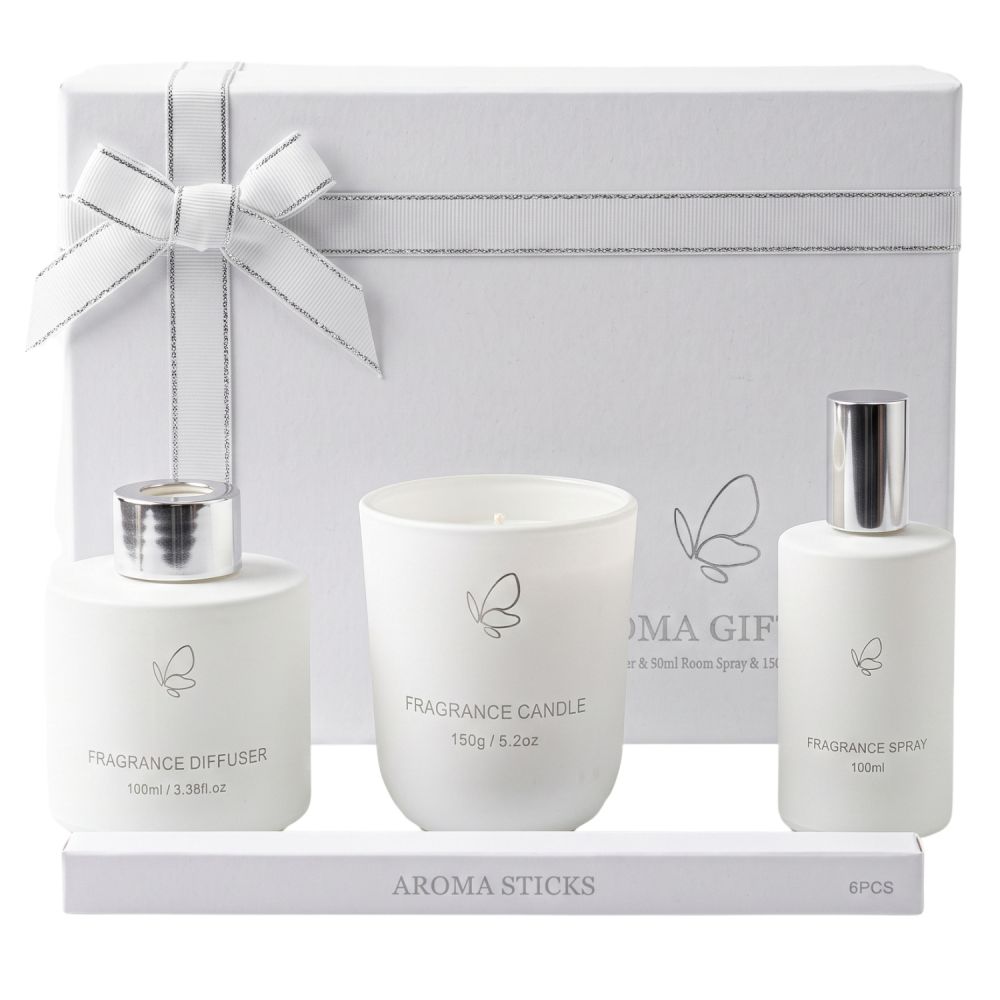 Set Cadou Parfumat pentru Casă – Difuzor 100 ml, Lumânare Parfumată 150 g și Spray de Cameră 100 ml