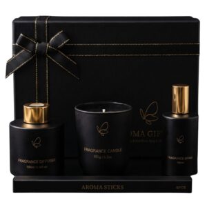 Set Cadou Premium pentru Casă Negru & Auriu – Difuzor 100 ml, Lumânare Parfumată 150 g și Spray Ambiental 100 ml